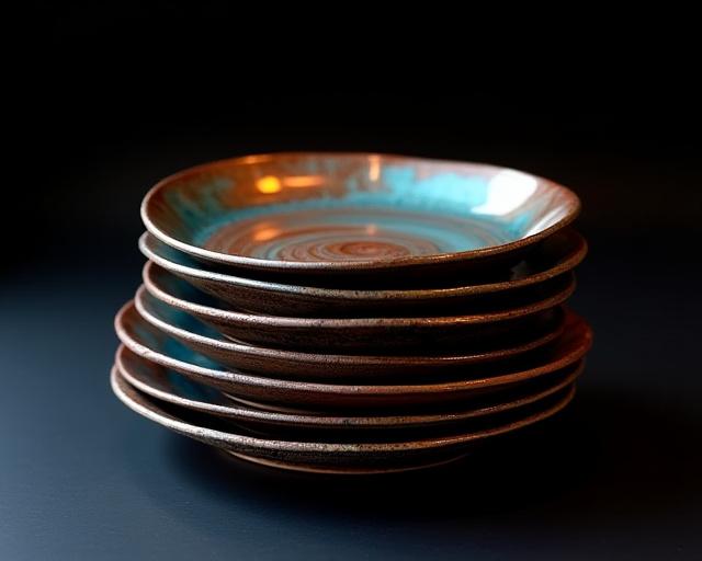 Una pila artistica di piatti in ceramica Raku con riflessi metallici blu, rame e bronzo, catturati dalla luce calda.